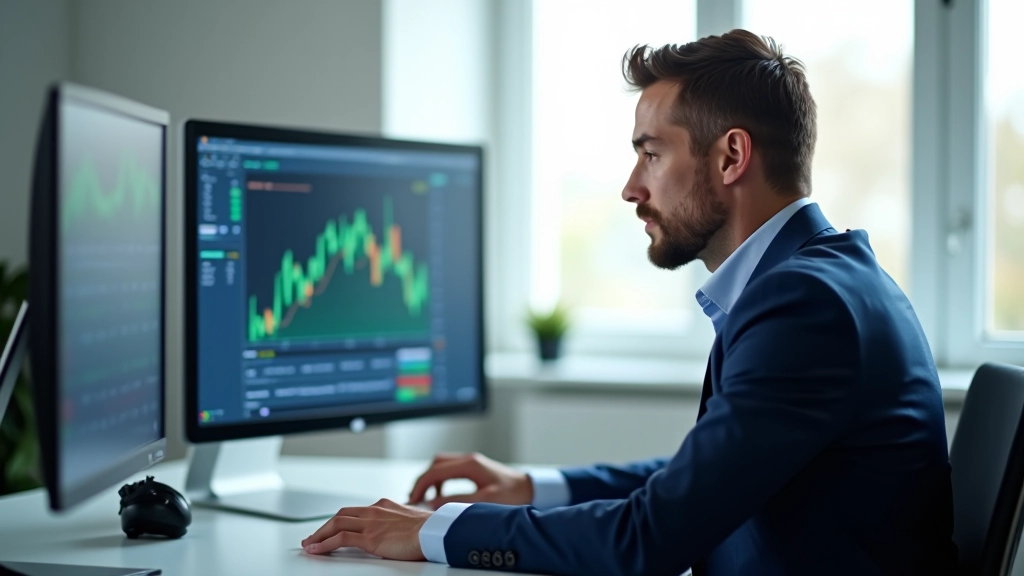Investitoriaus portretas, sėdintis prie stalo su kompiuteriu, analizuojantis duomenis šviesioje biuro aplinkoje